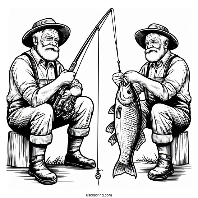 Old Man Holding Large Fish And Fishing Coloring Page Rod For Kids