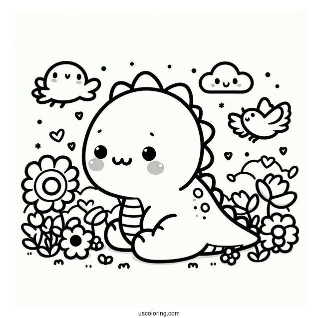 Kawaii Dinosaur With Little Animals On Its Back Coloring Page