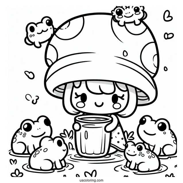 Cute Coloring Page Of Cartoon Mushroom Drinking While Surrounded By Frogs