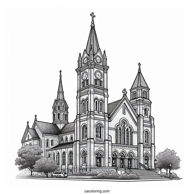 Exterior Of A Big Protestant Church Coloring Page With Clock Towers