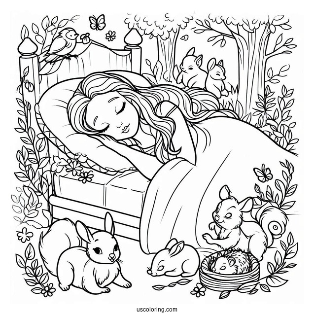 Sleeping Beauty With Forrest Critters Coloring Page