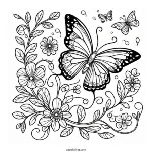 Beautiful Butterfly Coloring Page On A Vine Of Flowers