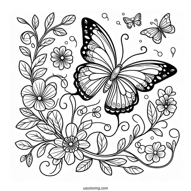 Beautiful Butterfly Coloring Page On A Vine Of Flowers