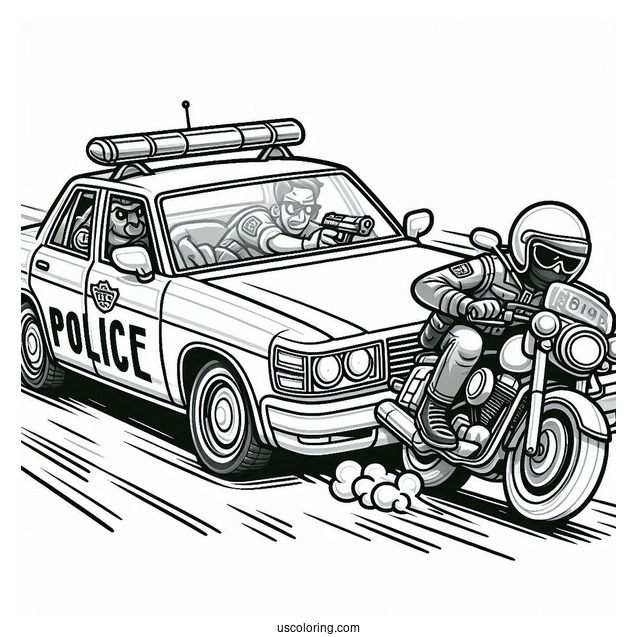 Police Car Coloring Page Chasing A Criminal On A Motorcycle