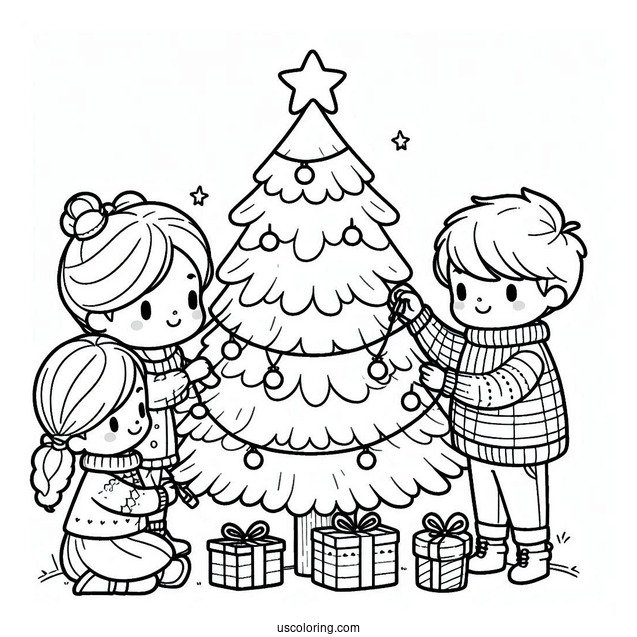 Children Decorating a Christmas Tree To Color