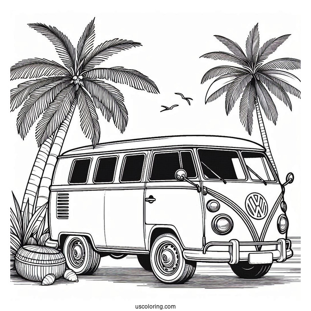 Volkswagen Van Next To A Palm Tree Summer Coloring Page