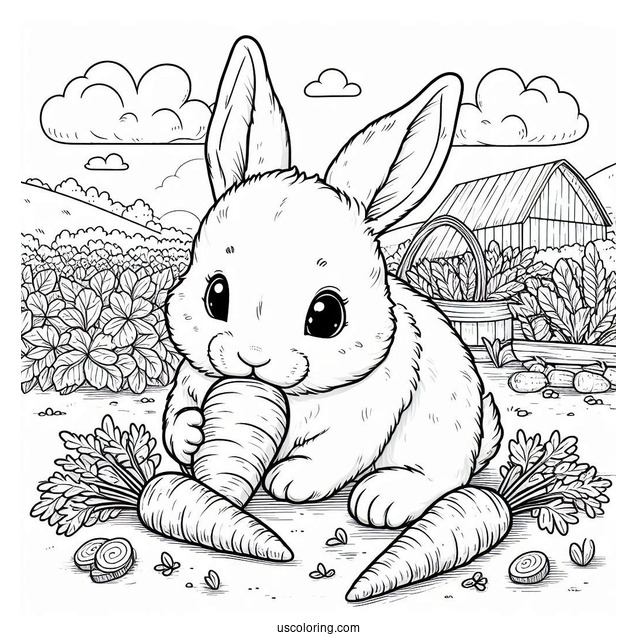 Rabbit Coloring Page Chewing On Carrots While Harvesting In A Farm