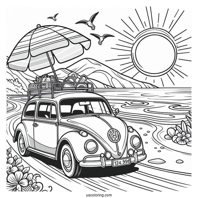 Volkswagen Driving Through A Beach In Summer Coloring Page