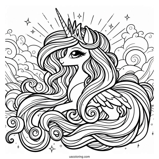 Princess Celestia Coloring Page With Flowing Mane In The Sky