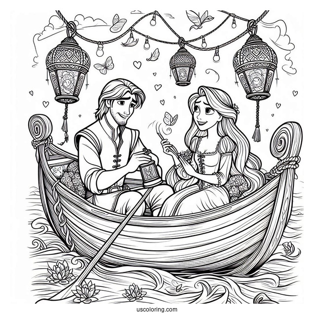 Rapunzel And Eugene In Boat With Lanterns To Color