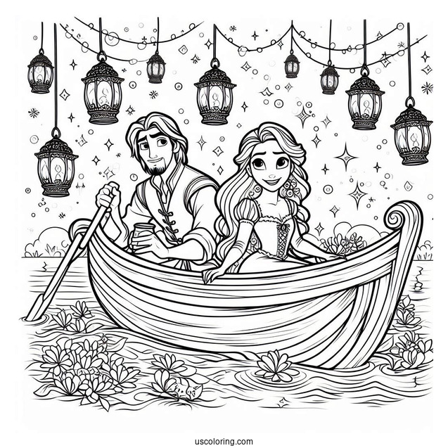 Rapunzel And Eugene In Boat With Lanterns To Color