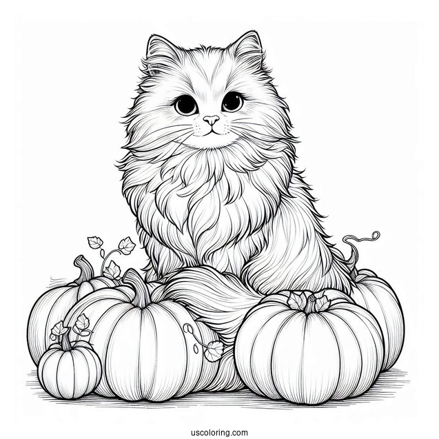 Furry Cat Sitting Next To Pumpkins Coloring Page