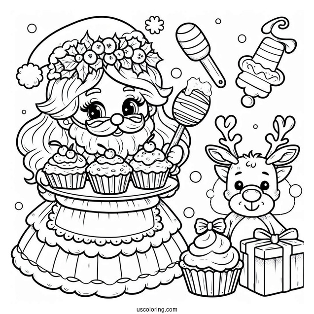 Mrs Claus With Baked Cookes And Rudolph To Color