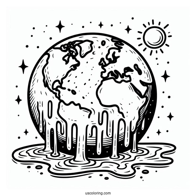 Earth Melting From Rising Temperature Coloring Page For Kids