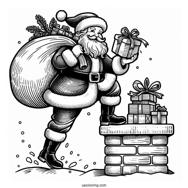 Santa Claus Climbing Into Chimney With Sack Of Presents