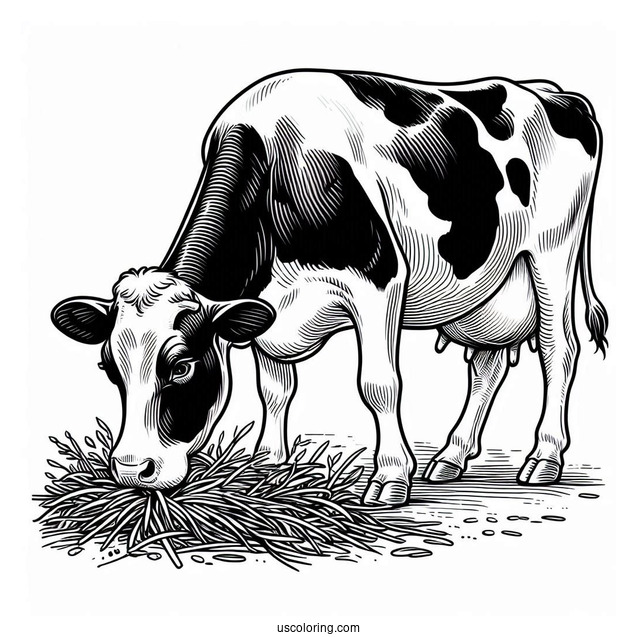Holstein Cow Eating Grass On Farm Coloring Page