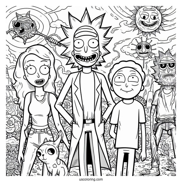 Rick, Morty, Summer, And Beth Coloring Sheet