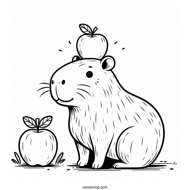 Easy Cute Capybara Coloring Page With An Apple On Its Head