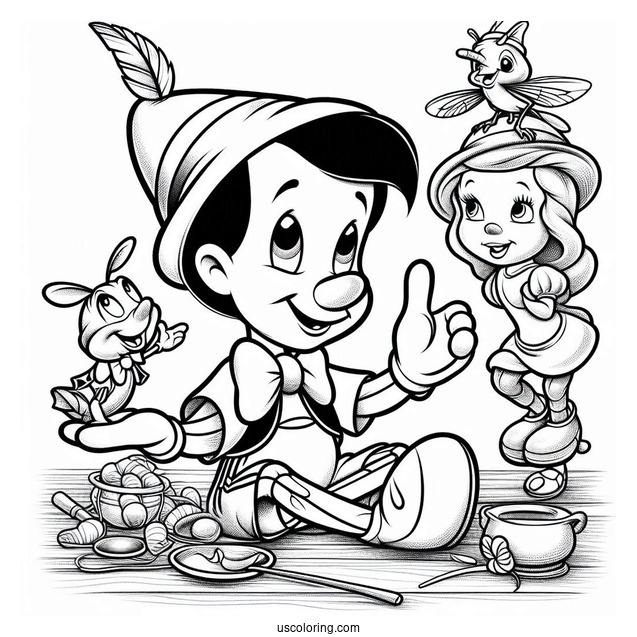 Pinocchio Coloring Page Playing With Figaro, Cleo, And Jiminy Cricket On Table