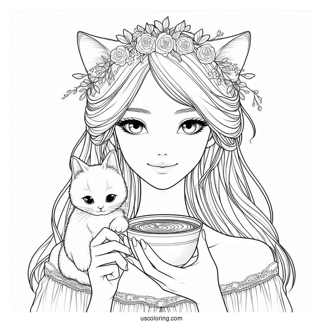 Woman Holding Cup Of Coffee Coloring Pages And Cat