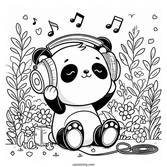 Cool Panda Coloring Page Listening to Music with Headphones in the Garden