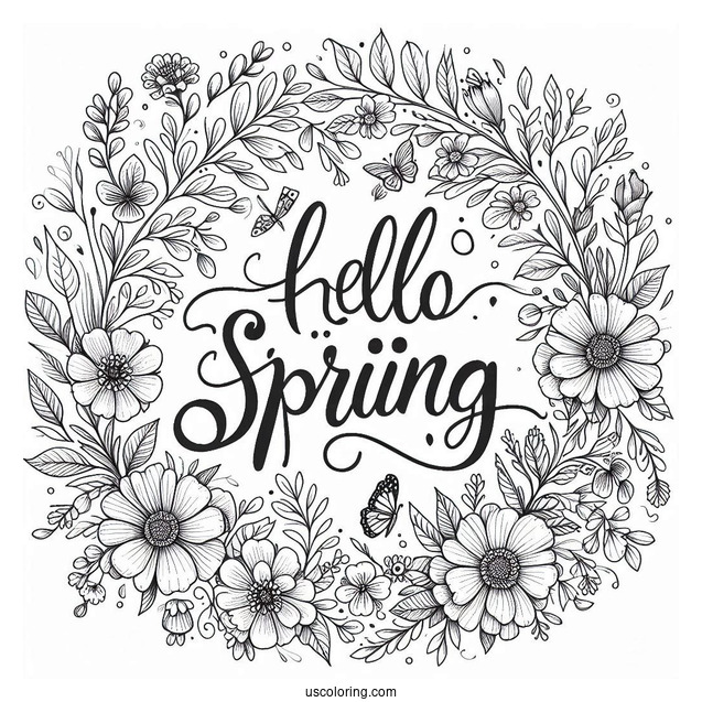 Calligraphy Hello Spring Coloring Page With Flower Wreath
