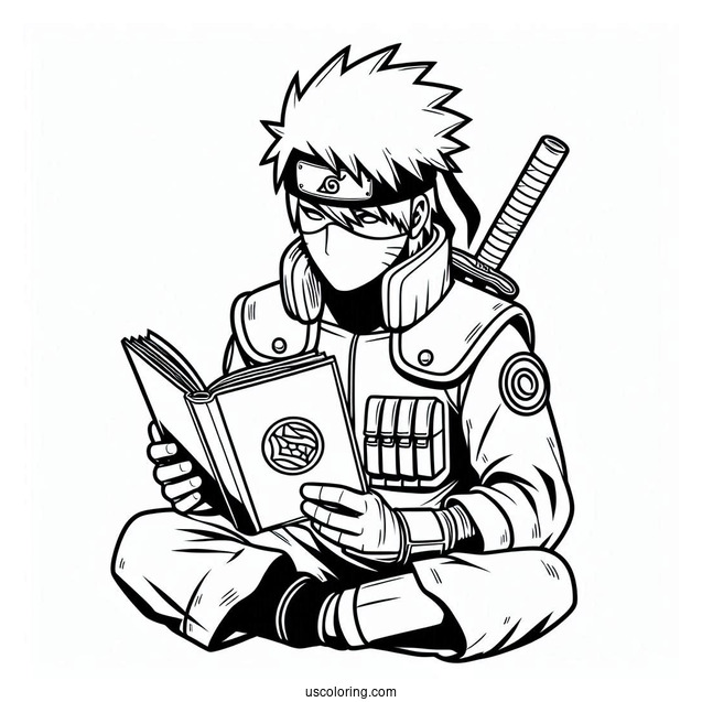 Easy Kakashi Coloring Page With His Book For Kids
