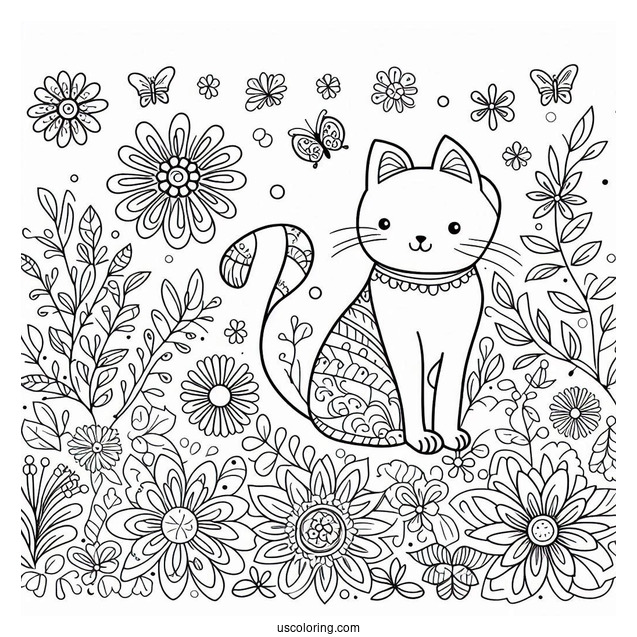 Cats And Flowers Pattern Coloring Page