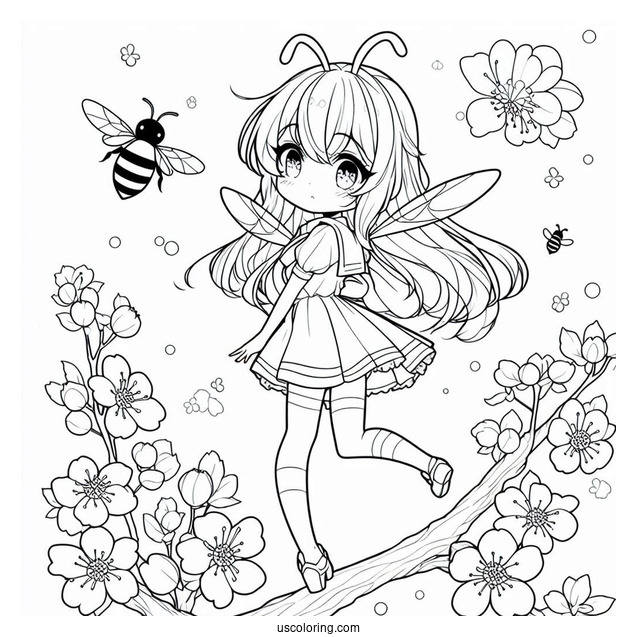 Anime Girl Bee Coloring Page Walking On A Tree Branch