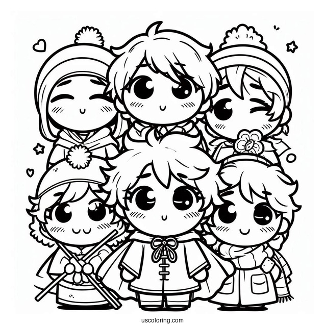 South Park Coloring Page Of Kawaii Kenny, Kyle, Eric, And Stan For Kids