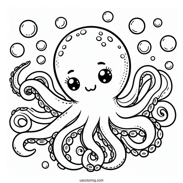 Cartoon Octopus Coloring Page With Bubbles
