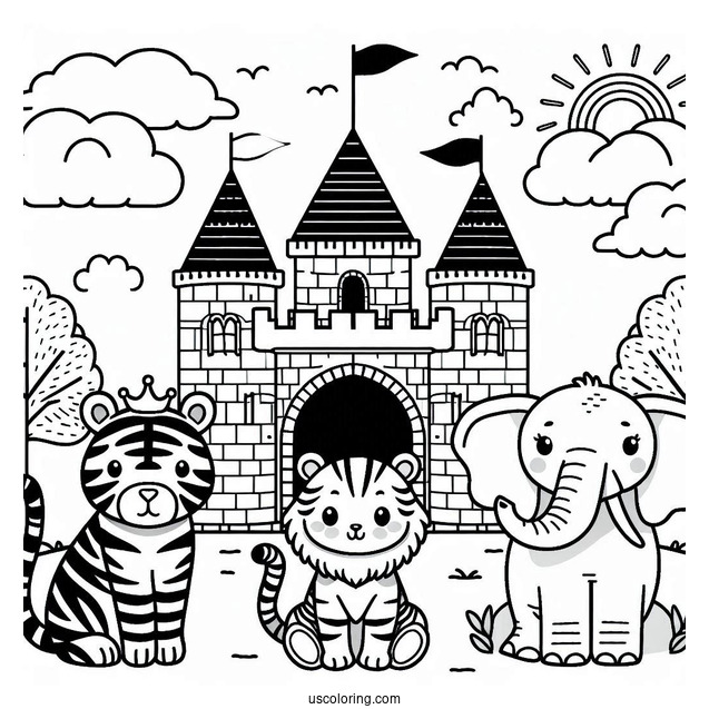 Cute Tiger, Elephant, And Zebra Outside A Castle Coloring Page For Kids