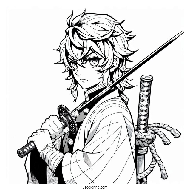 Detailed Tanjiro Coloring Page With Sword