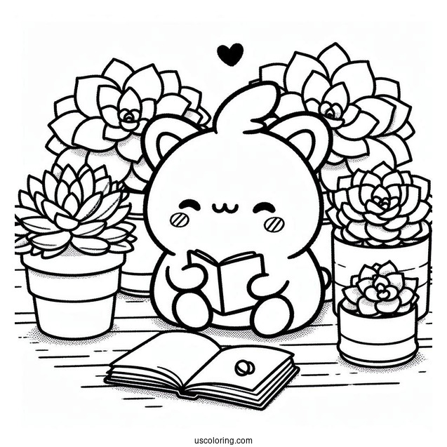 Pompompurin Reading While Surrounded By Succulent Coloring Page