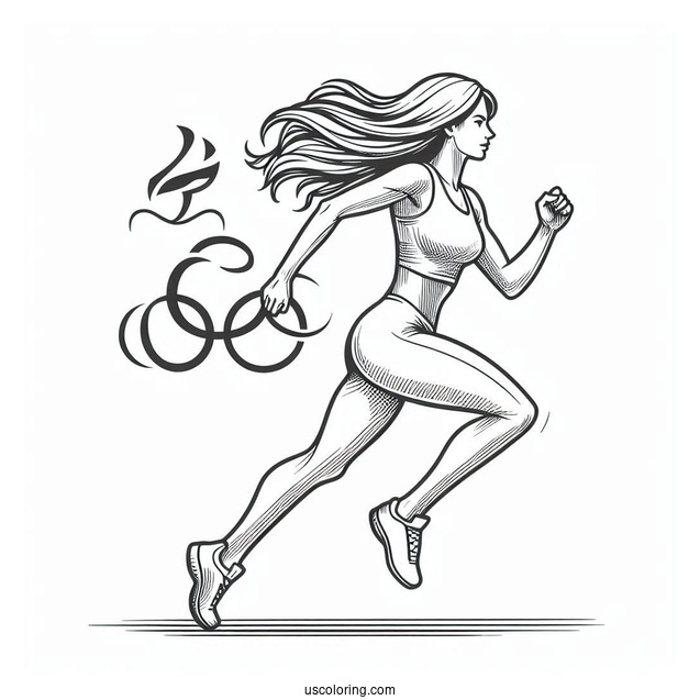 Athlete Running With Olympics Coloring Page Of Logo Above Her