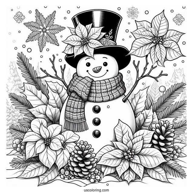 Christmas Coloring Pages For Adults Of Snowman With Top Hat Standing On Pinecones And Poinsettias