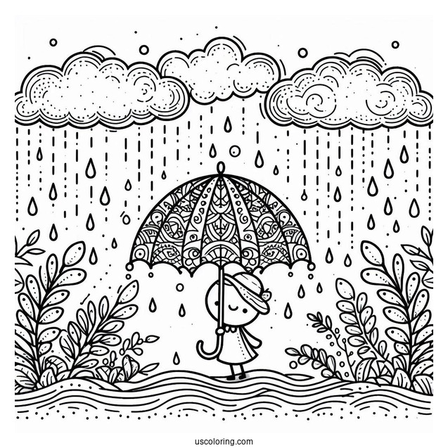 Rain Coloring Page Falling On Umbrella