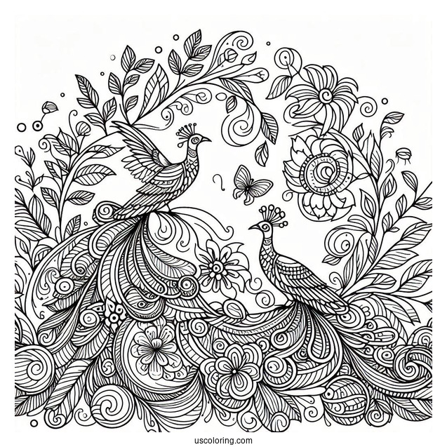 Majestic Nature With Birds Pattern Coloring Page