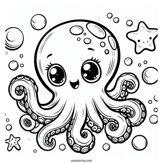 Cartoon Octopus Coloring Page With Bubbles