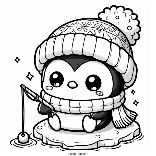 Chibi Coloring Page Penguin with Hat and Scarf Ice Fishing in Winter