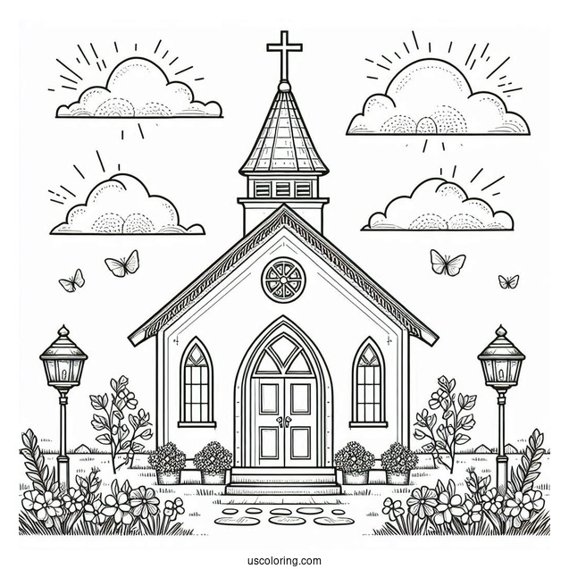 Cute Church Coloring Page With Flowers In Front