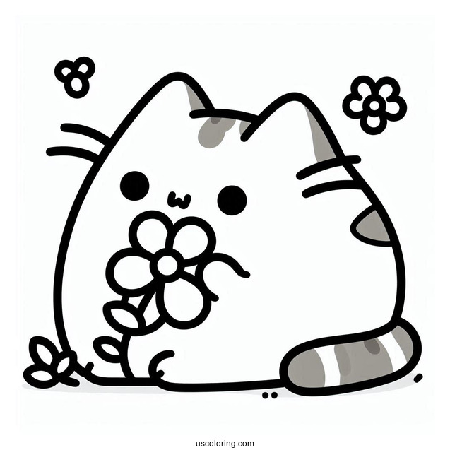 Pusheen Cat Nibbling On a Flower To Color