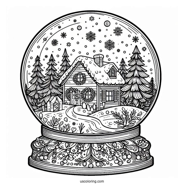 Snow Globe With Cottage In Winter Christmas Mandala Coloring Page