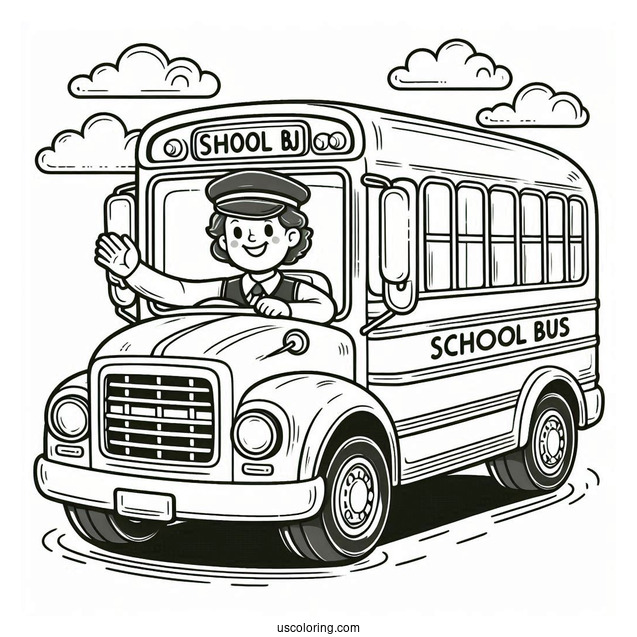 Friendly School Bus Coloring Page Driver Waving