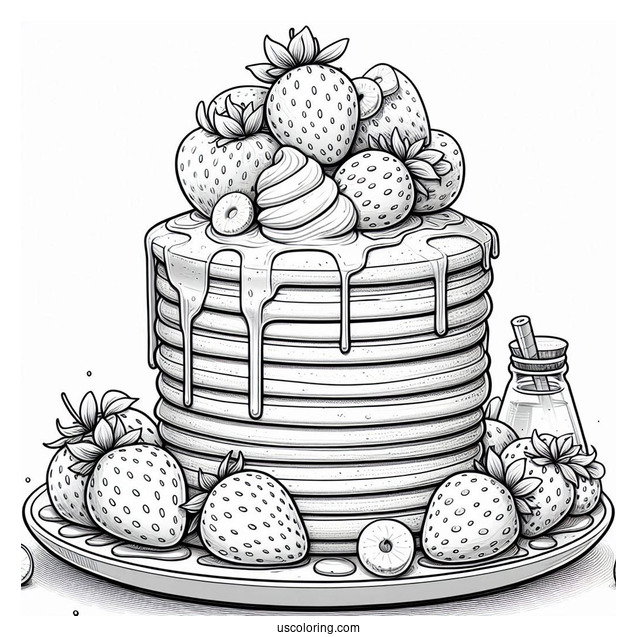 Realistic Mini Pancake Coloring Page Tower With Large Strawberries