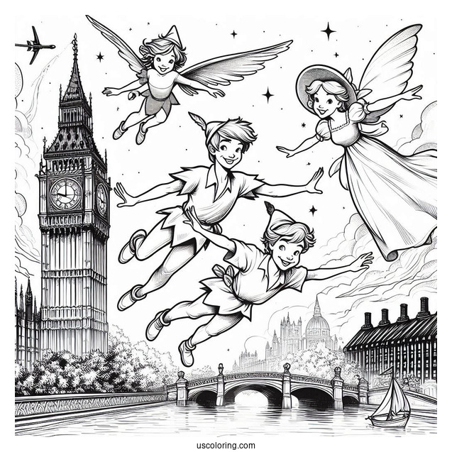 Peter Pan, Wendy, John, And Michael Flying Past Big Ben