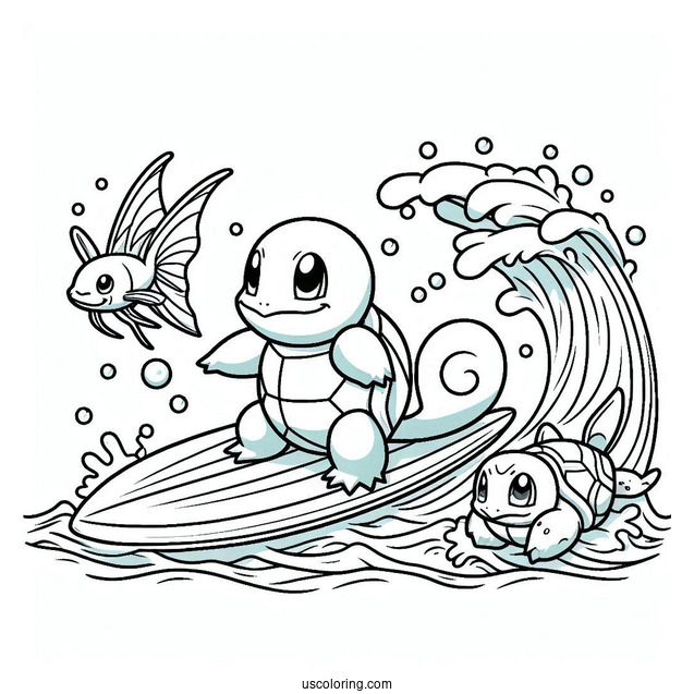 Squirtle Coloring Page Of Surfing With Magikarp
