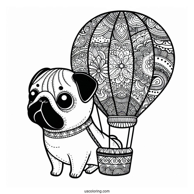 Pug Coloring Page in Patterned Hot Air Balloon for Kids