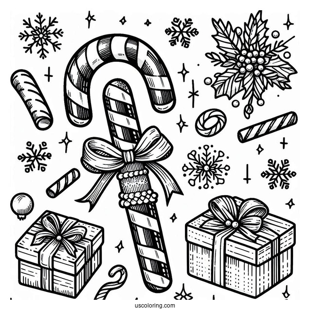 Candy Cane With Christmas Presents To Color