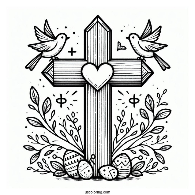 Wooden Easter Cross With Love Heart And Birds